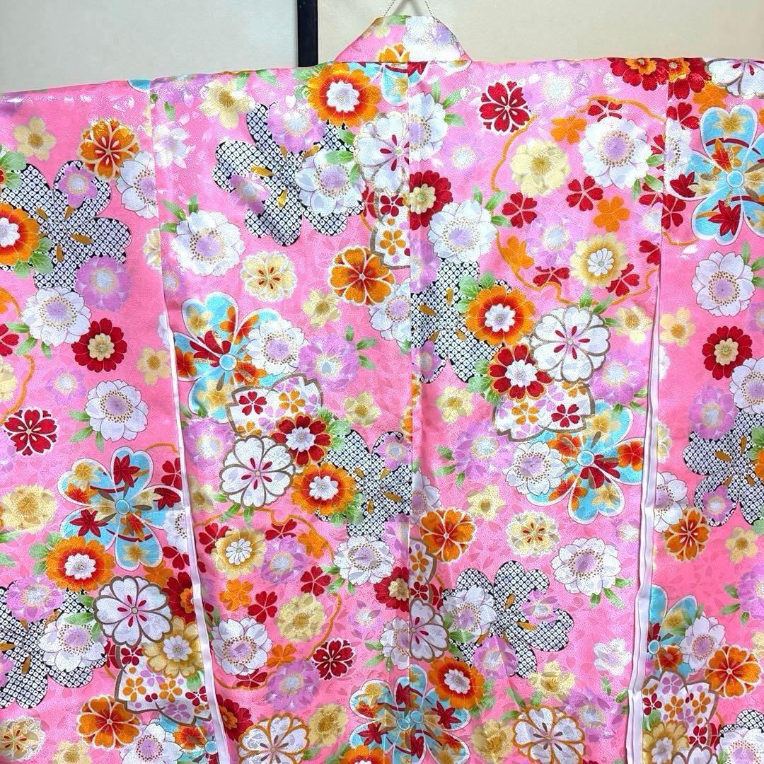 七五三　七歳ピンク花柄着物襦袢セット