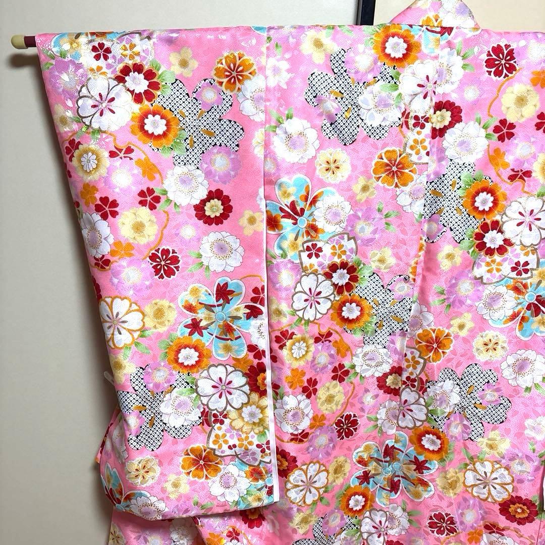 七五三　七歳ピンク花柄着物襦袢セット