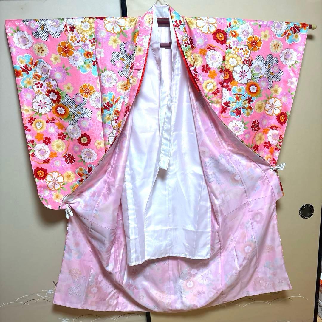 七五三　七歳ピンク花柄着物襦袢セット