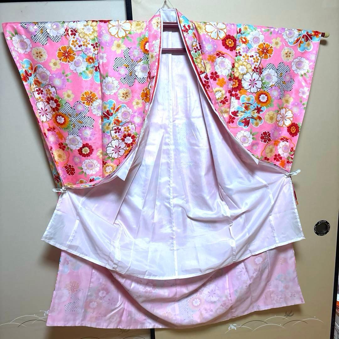七五三　七歳ピンク花柄着物襦袢セット