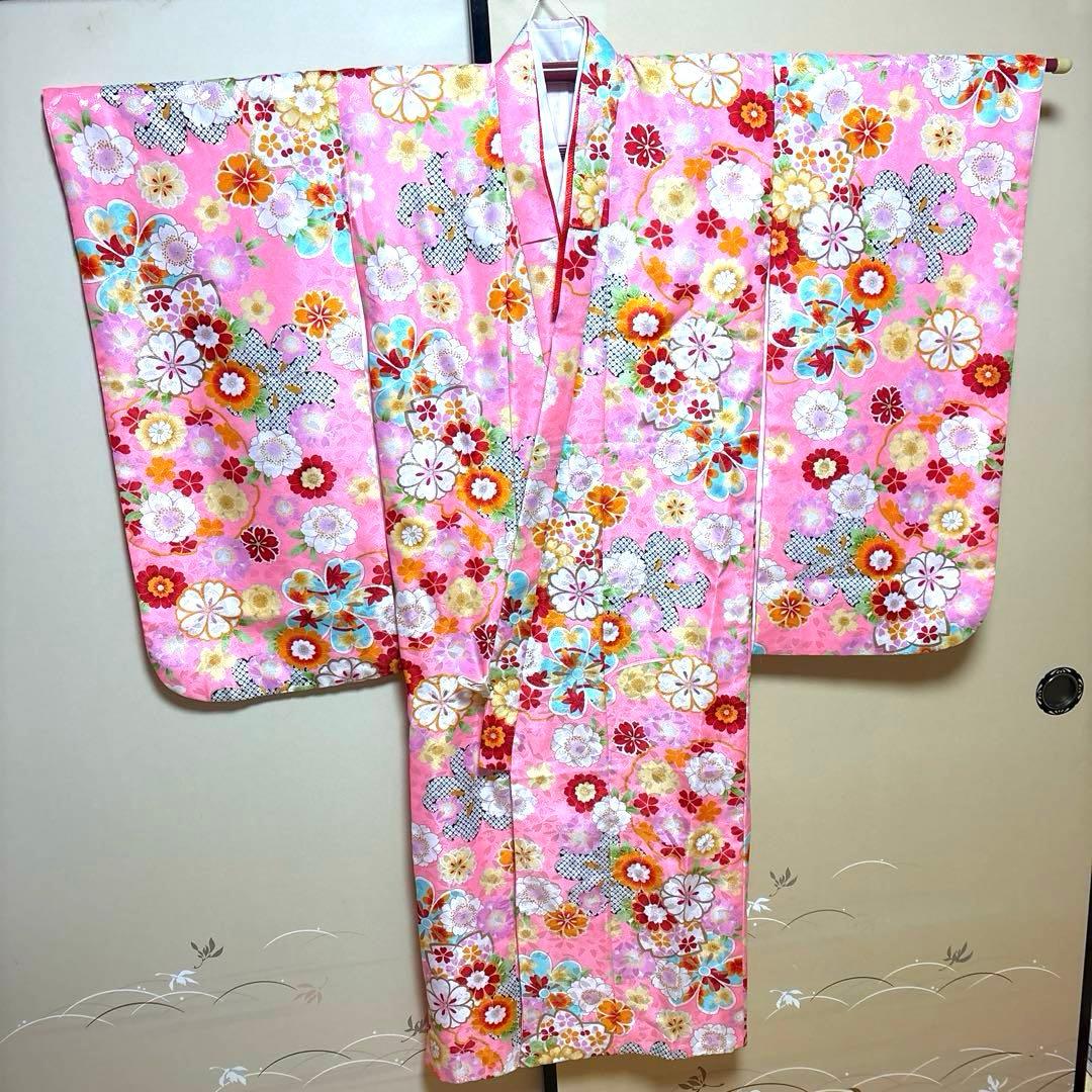 七五三　七歳ピンク花柄着物襦袢セット