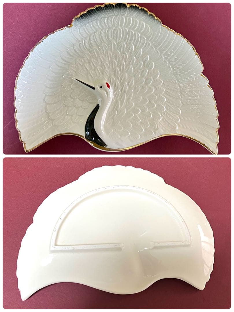 パコ 白い鶴の模様の扇形皿 3枚 鶴皿　鶴型　箸置き各3点セット　お正月