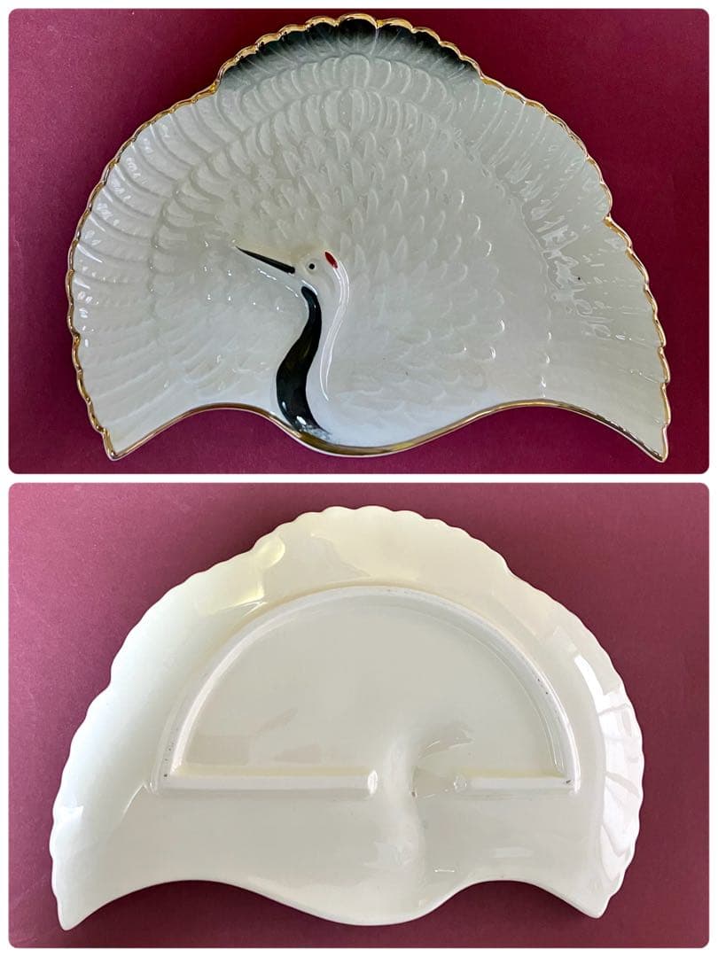 パコ 白い鶴の模様の扇形皿 3枚 鶴皿　鶴型　箸置き各3点セット　お正月
