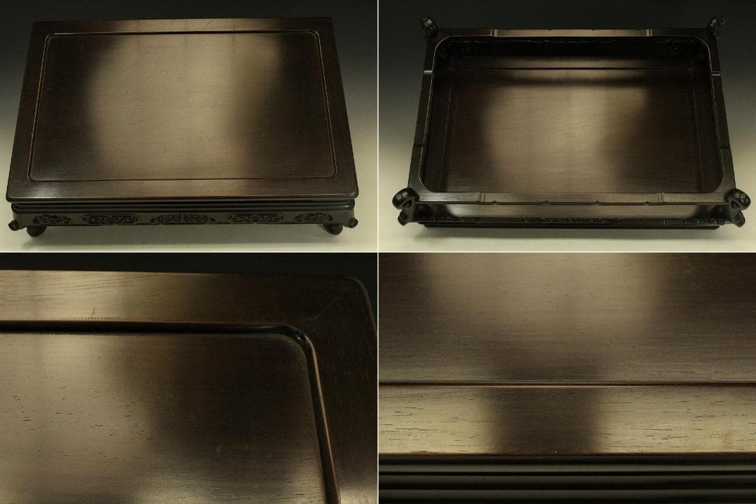 唐木 紫檀 刻装飾 四方 香炉台 重厚 64.5cm×42.5cm(LC394)