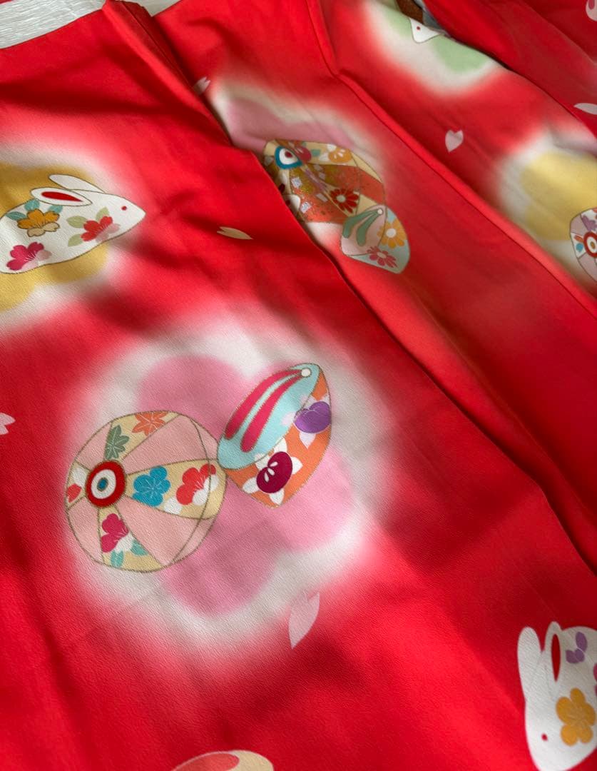 七五三に★正絹手書き友禅　うさぎに紙風船　7歳着物フルセット