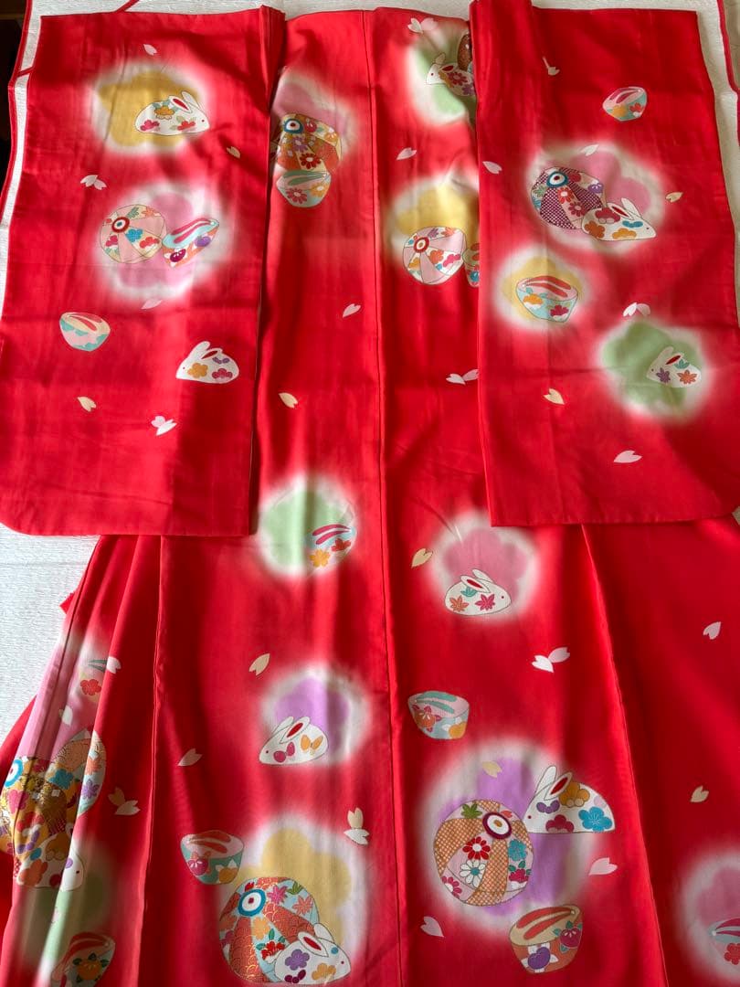 七五三に★正絹手書き友禅　うさぎに紙風船　7歳着物フルセット