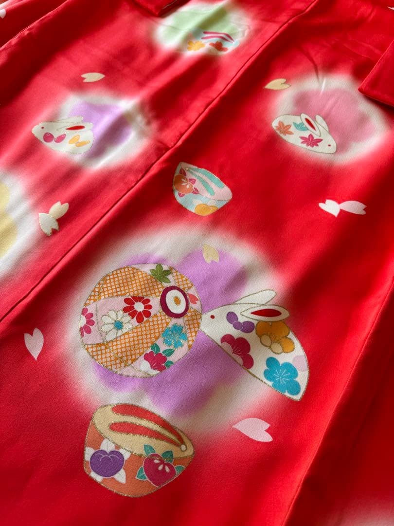 七五三に★正絹手書き友禅　うさぎに紙風船　7歳着物フルセット