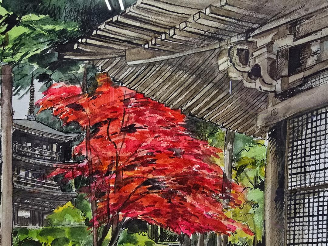M▽野々村晃 水彩 絵画 額縁 紅葉 寺 (38227) 美術品・アンティーク