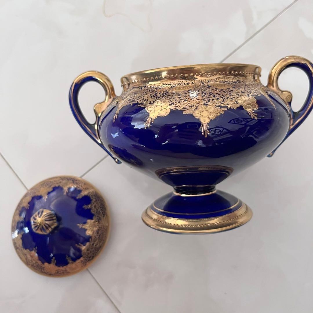 オールドノリタケ 金盛藍線帯華装飾紋 メイプルリーフ印 ペディスタル