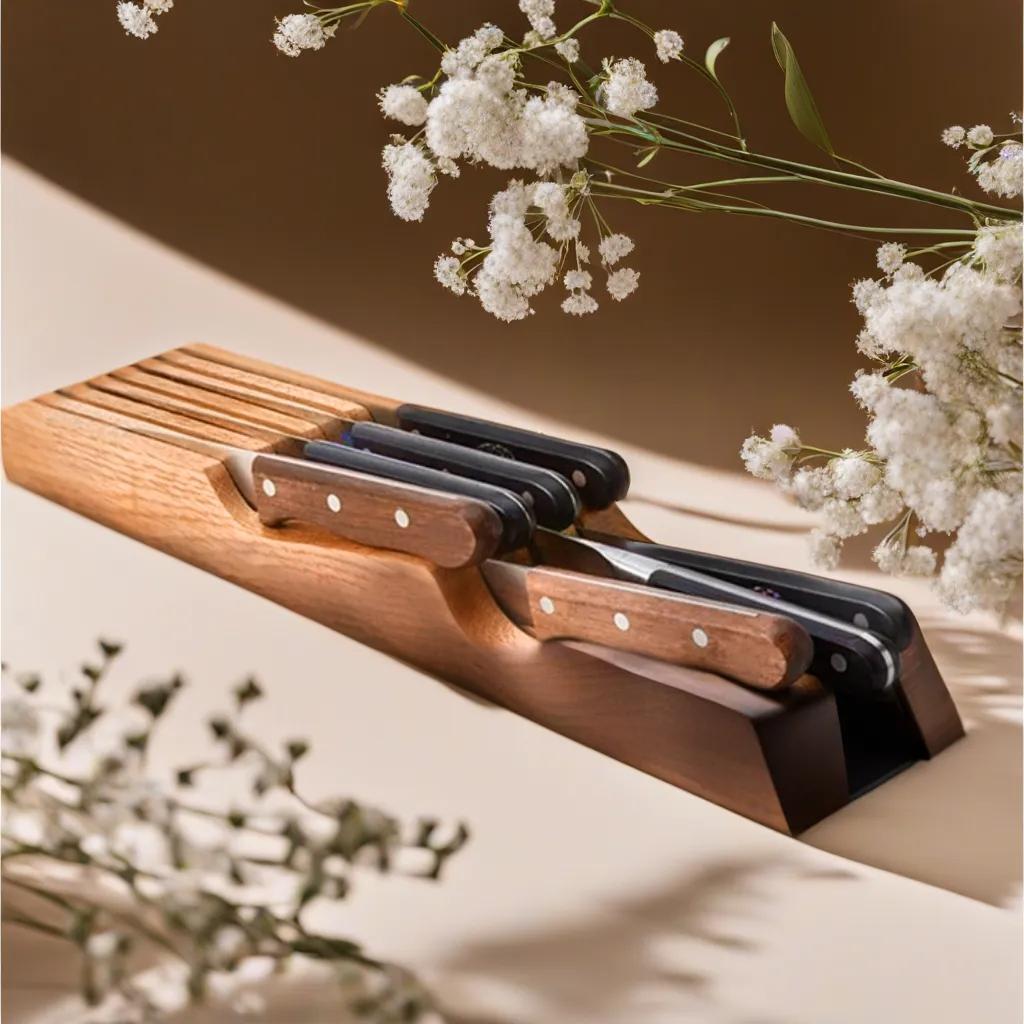 7本収納可能な包丁立て、木製と滑り止め付きのキッチン収納アイテム