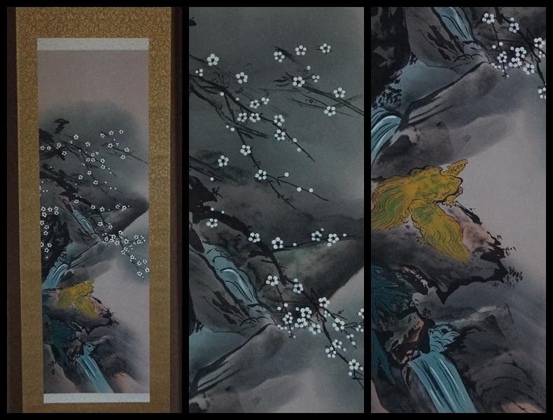 江戸期 狩野芳崖作『寿老鶴亀之図』肉筆 新作 絹本 日本画家作品 掛軸