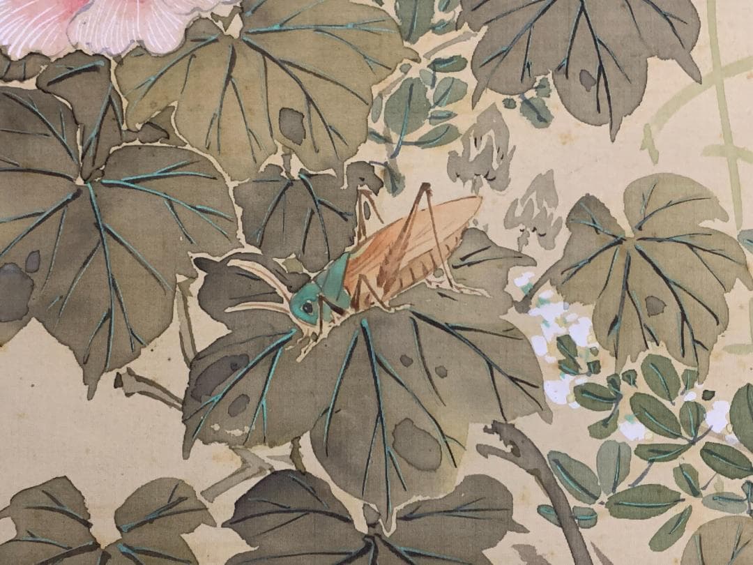 谷口月窓 月に萩 秋草花に飛蝗図 絹本 肉筆 掛軸 日本画 幕末期 896