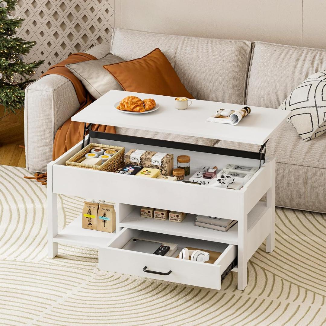 ホワイト☘️ローテーブル 昇降式 木製 コーヒーテーブル 引き出し付き テーブ