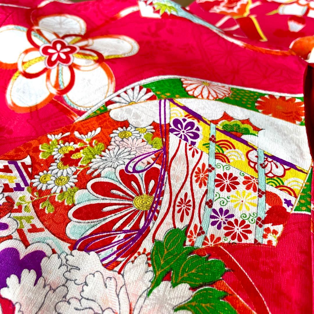 正絹 アンティーク着物 レトロ着物 ☆羽子板 地紙 七五三 【しつけ糸付】