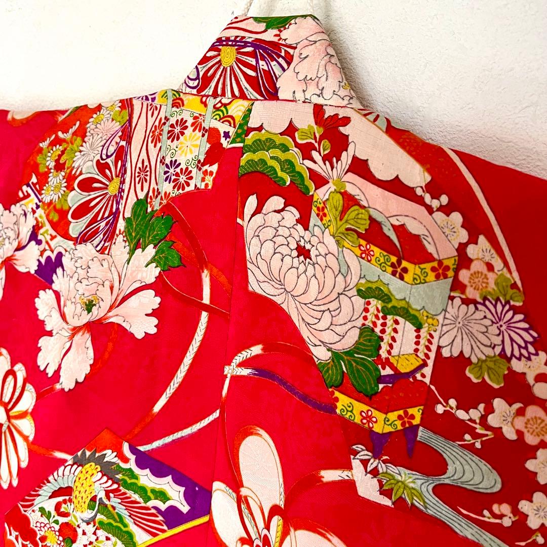 正絹 アンティーク着物 レトロ着物 ☆羽子板 地紙 七五三 【しつけ糸付】