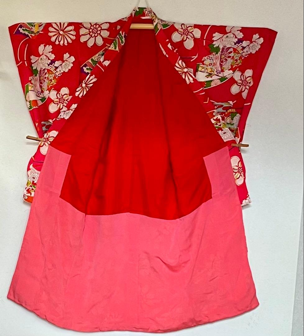 正絹 アンティーク着物 レトロ着物 ☆羽子板 地紙 七五三 【しつけ糸付】