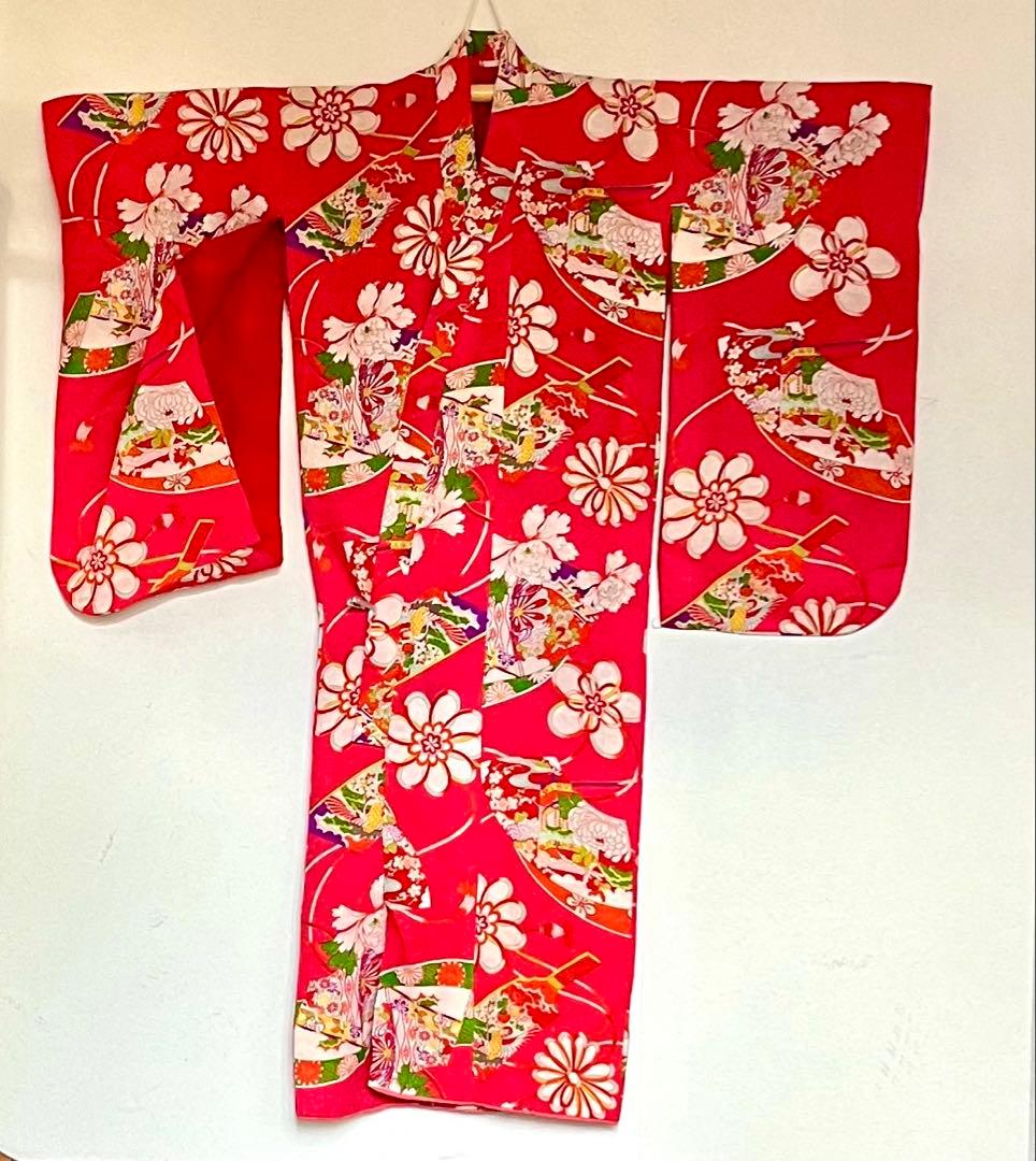 正絹 アンティーク着物 レトロ着物 ☆羽子板 地紙 七五三 【しつけ糸付】