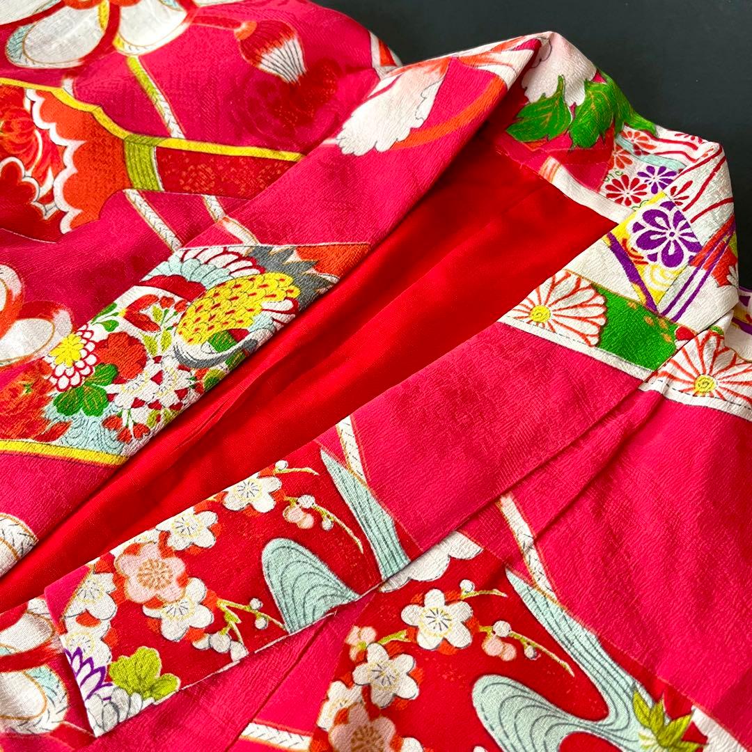正絹 アンティーク着物 レトロ着物 ☆羽子板 地紙 七五三 【しつけ糸付】