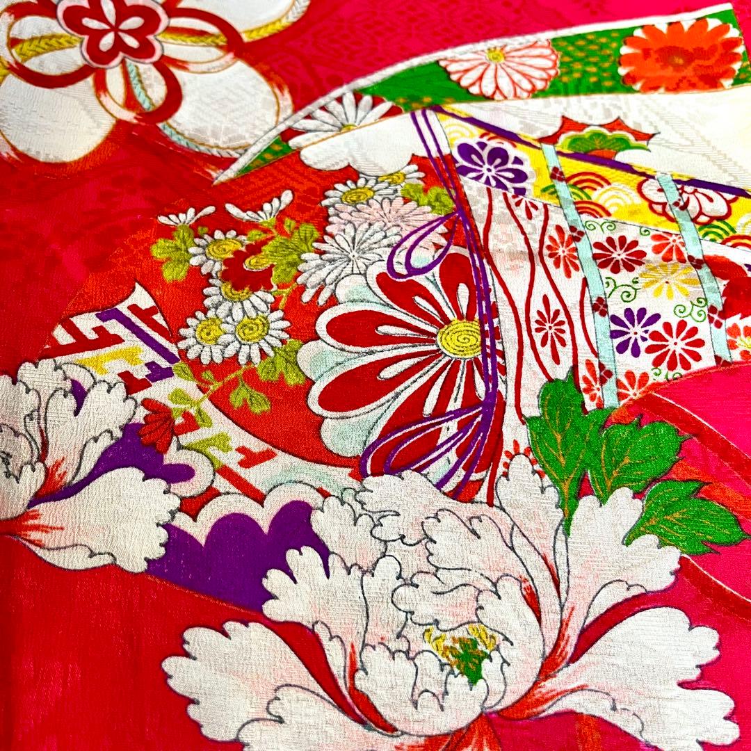 正絹 アンティーク着物 レトロ着物 ☆羽子板 地紙 七五三 【しつけ糸付】