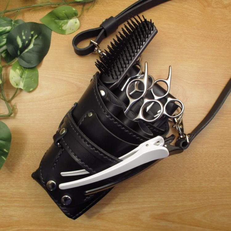 オールブラック　６丁差し　革ベルト付　本革シザーケース　SCL-100/CKB