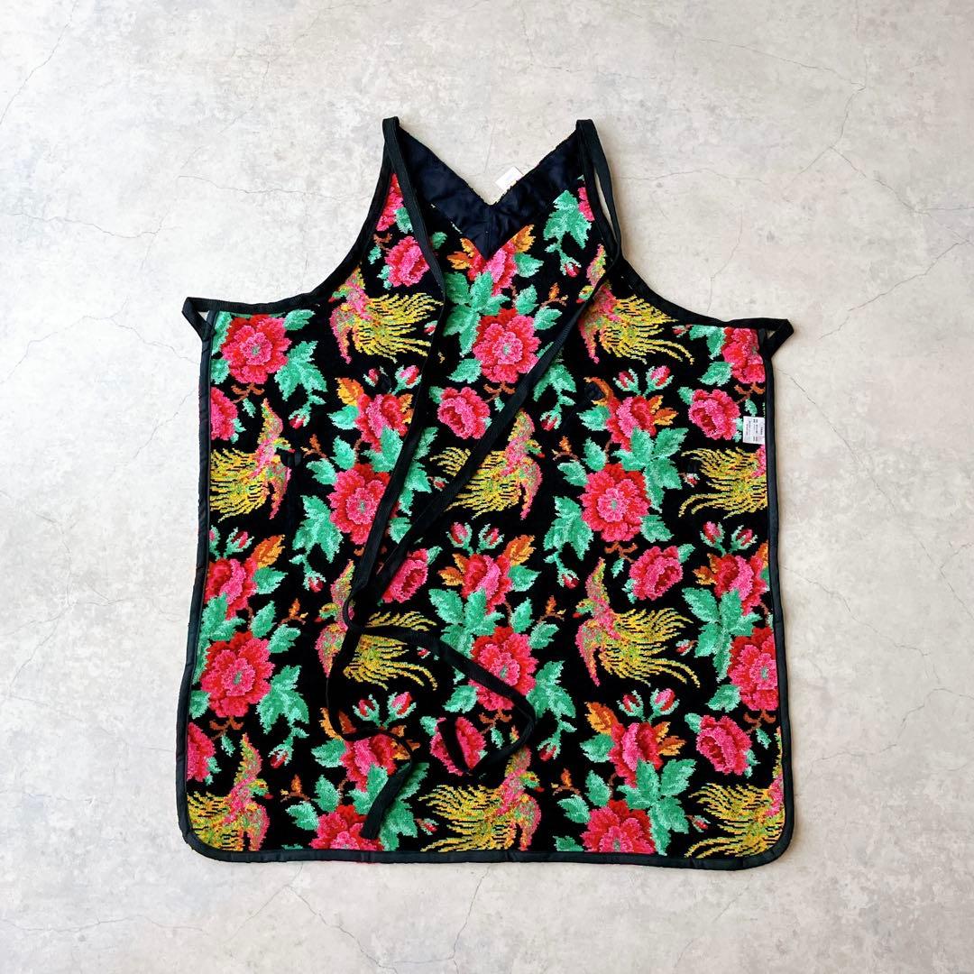 未使用美品＊ FEILER フェイラー エプロン 花 鳥 ドイツ製生地 黒