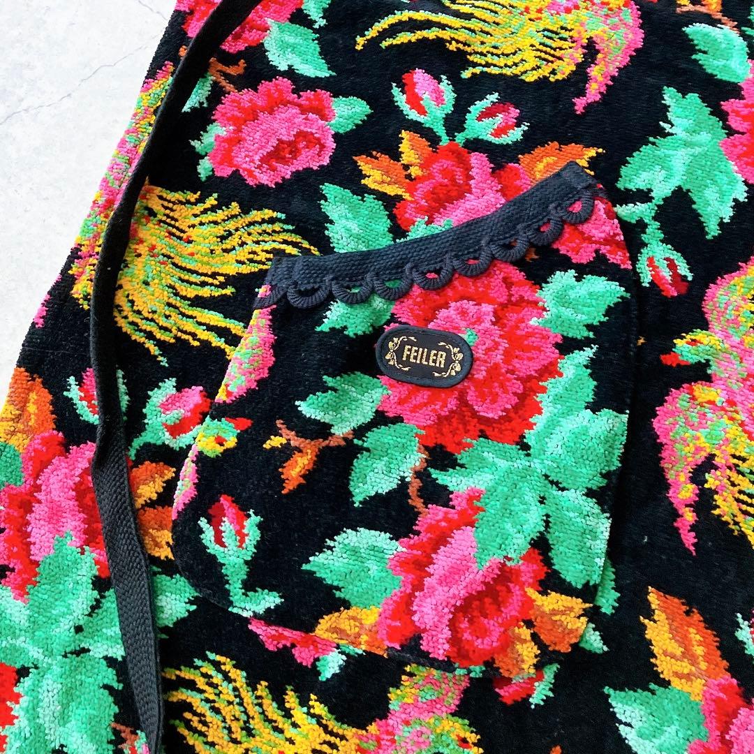 未使用美品＊ FEILER フェイラー エプロン 花 鳥 ドイツ製生地 黒