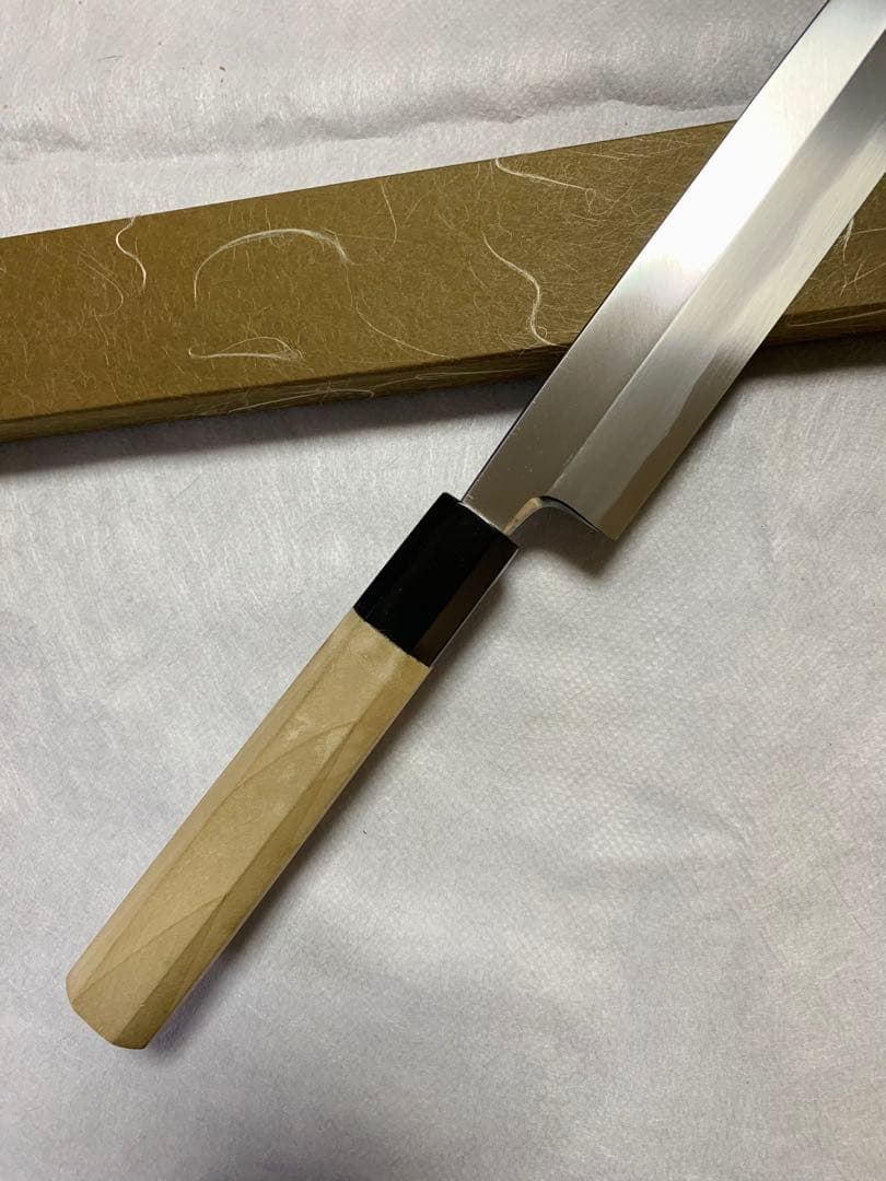 堺打刃物　刺身 柳刃　包丁　青鋼　本鍛錬　水牛八角柄　鞘付き
