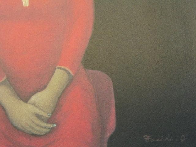 岡田肇彦、赤い服、希少画集画、新品高級額・額装付、状態良好