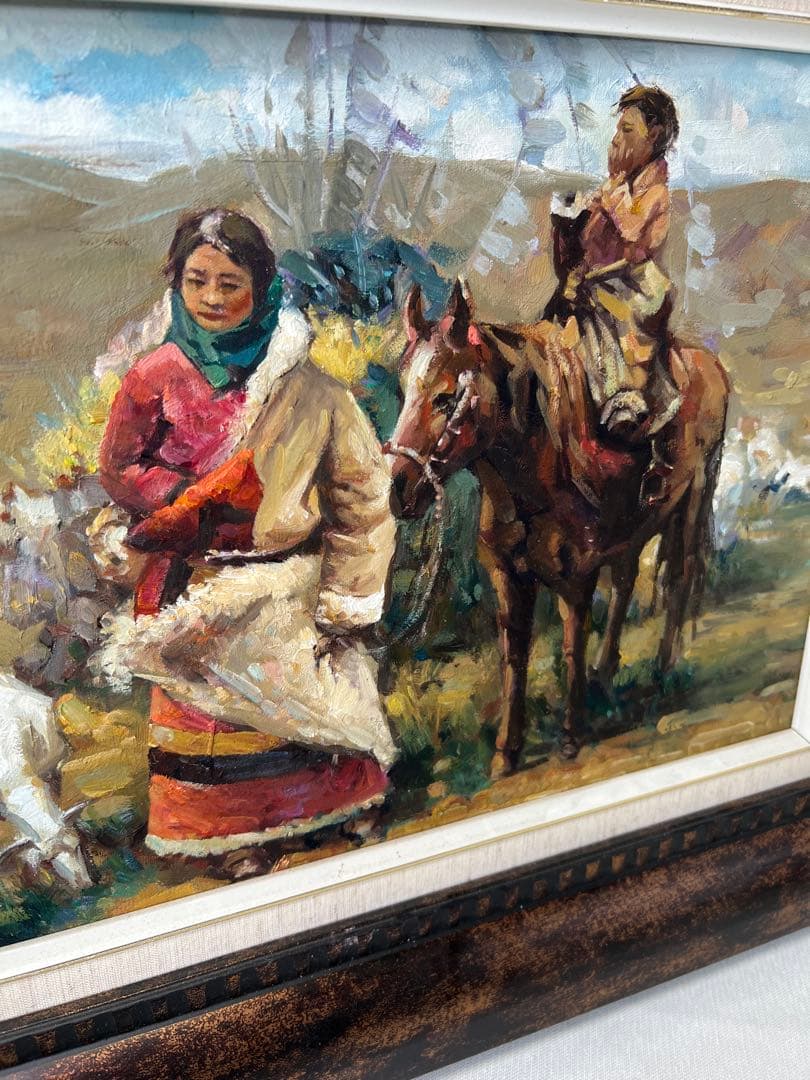Liu Yong 油彩画 チベット　伝統的な衣装の人物と馬
