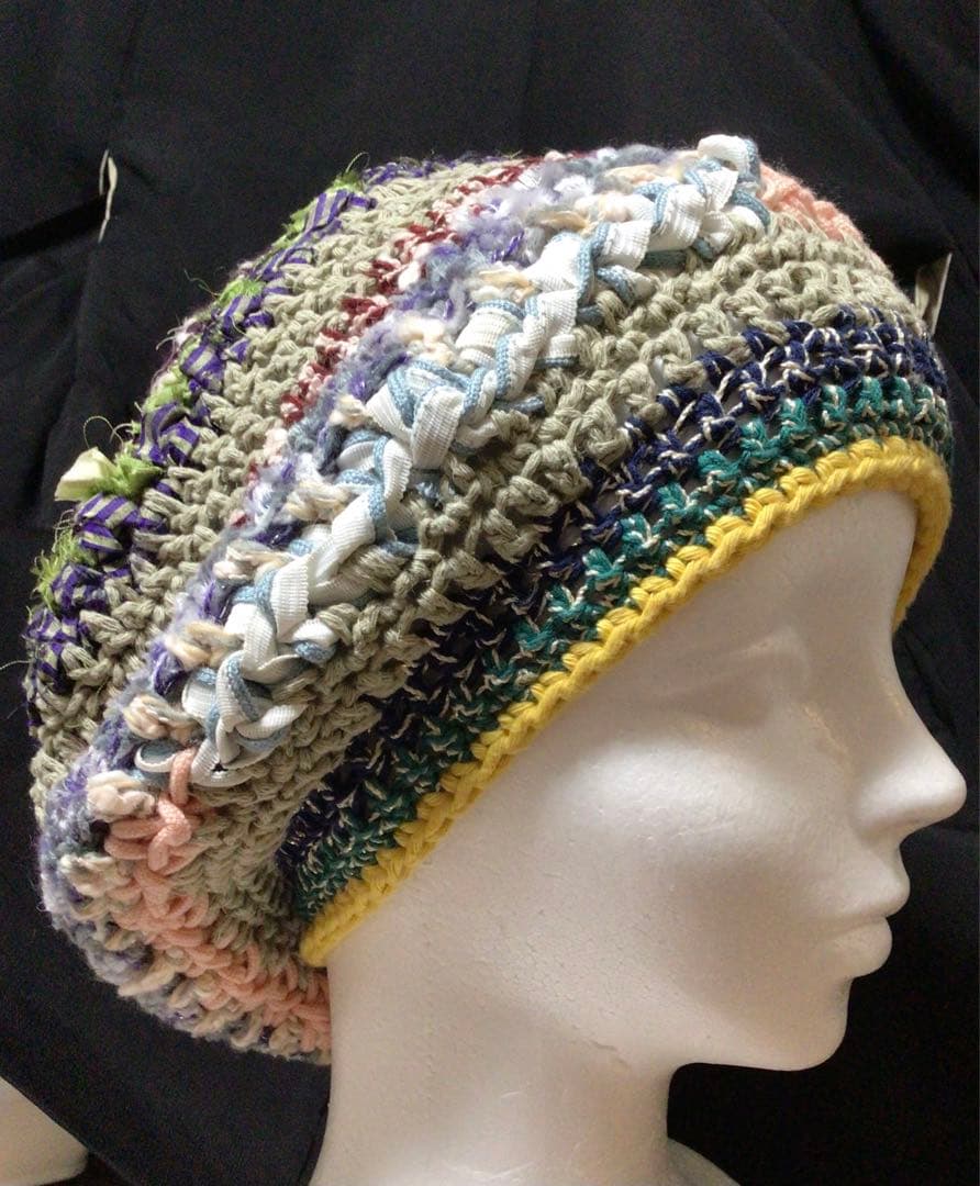 手作りニット帽　ドレッド　ビーニー　ベレー帽　シルクリボン　ブレード