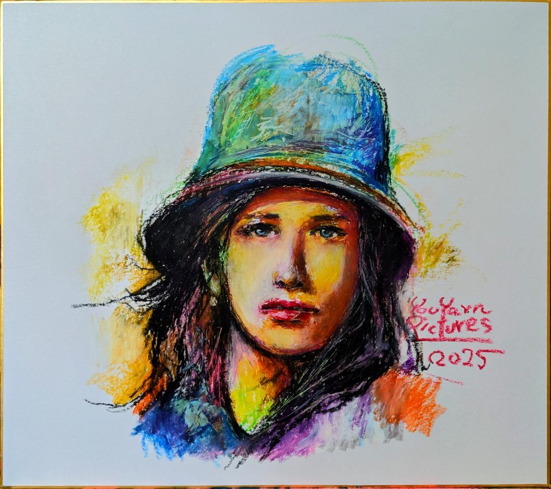 【色紙1点物】「春の街角」■東京藝大卒画家■松崎祐哉■クレヨン真作・肉筆画