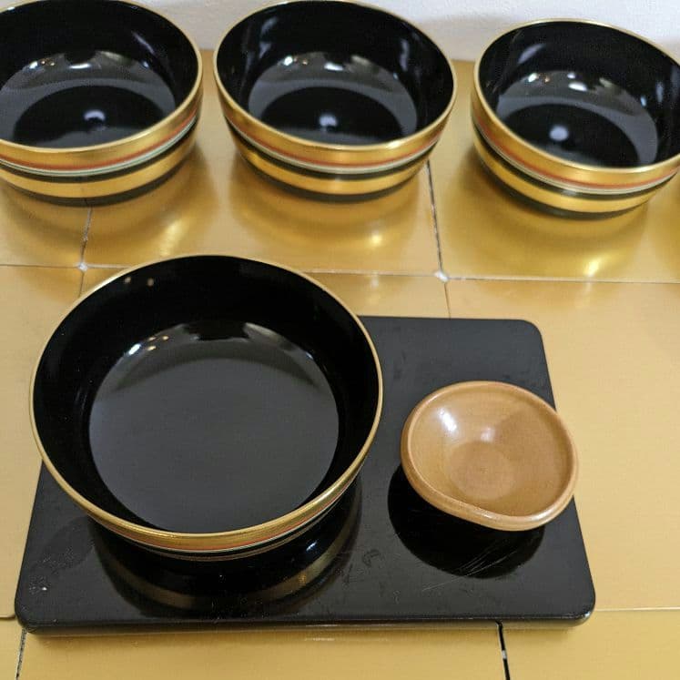 京焼清水焼 7世高橋道八 色絵独楽の図向付(5客)黄瀬戸釉小猪口(5客