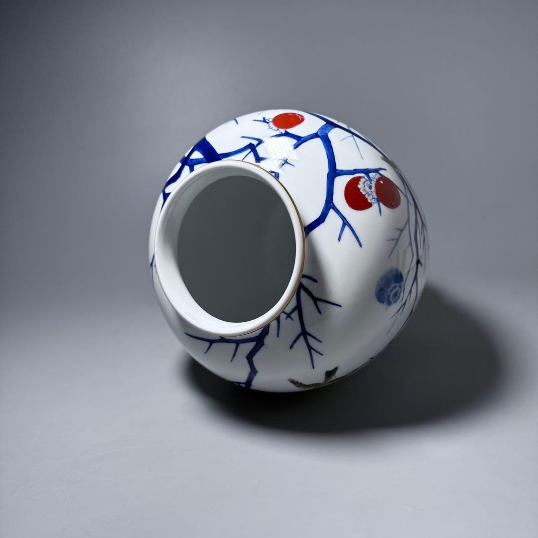 オールド深川製磁 錦手 柿鳥図花瓶 高さ24cm オブジェ インテリア