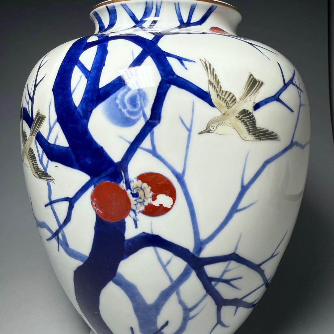 オールド深川製磁 錦手 柿鳥図花瓶 高さ24cm オブジェ インテリア