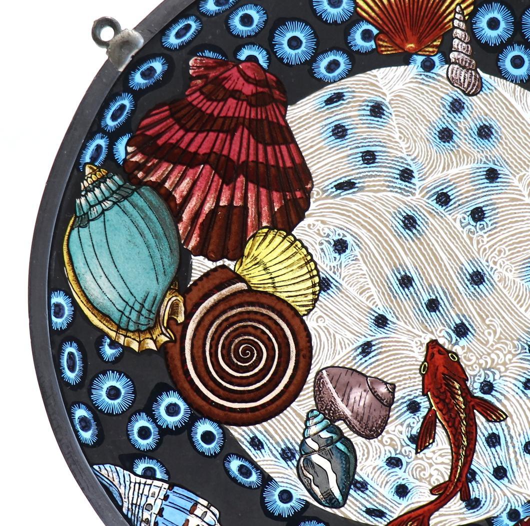 海中の貝殻と魚 ヴィンテージ・ステンドグラス 大型 グラスマスターズ社