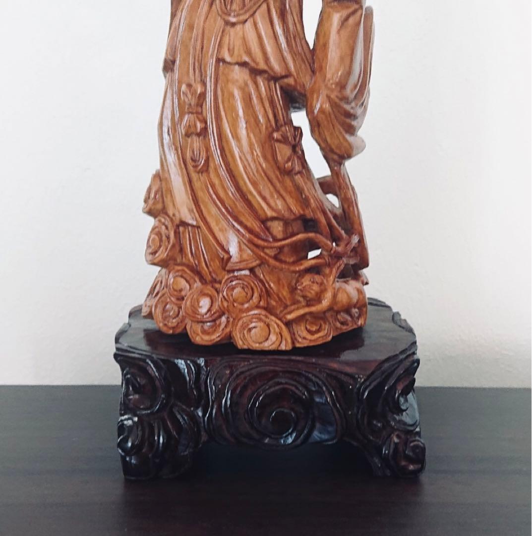 ★中国美術工芸品　舞姫像　天然木手彫り彫刻　台座付き　置物