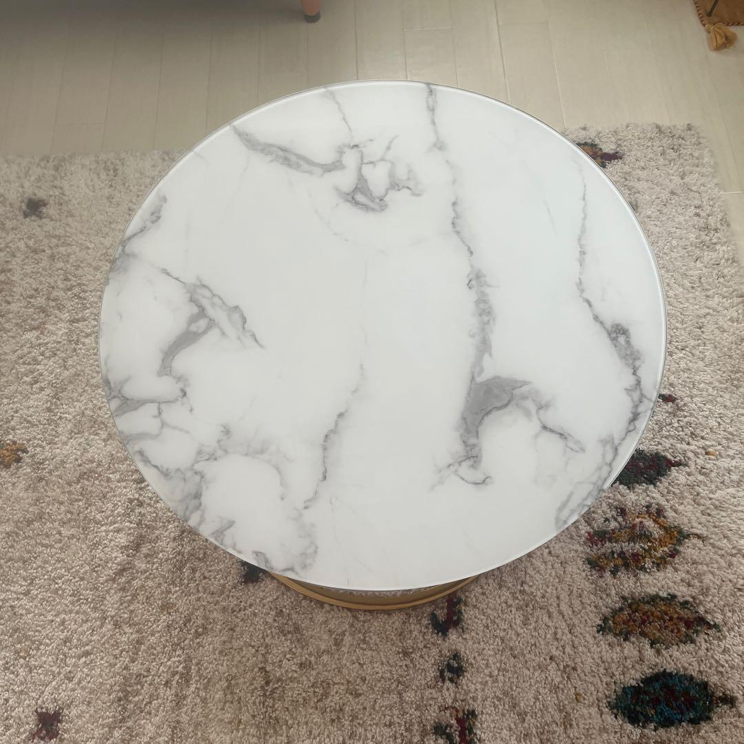 美品！円形大理石調二段テーブル 大理石模様とゴールドの脚ネストコーヒーテーブル