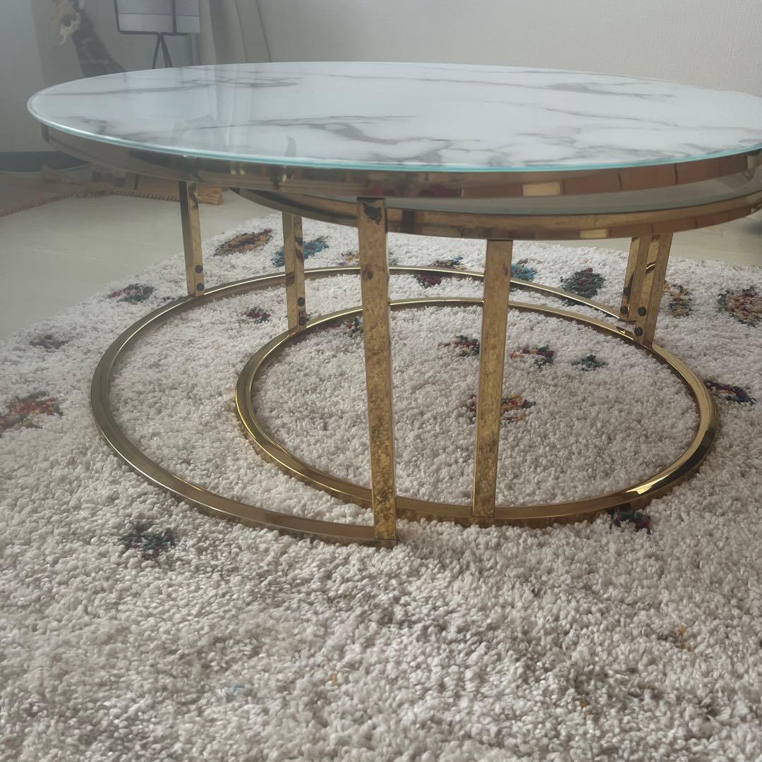 美品！円形大理石調二段テーブル 大理石模様とゴールドの脚ネストコーヒーテーブル