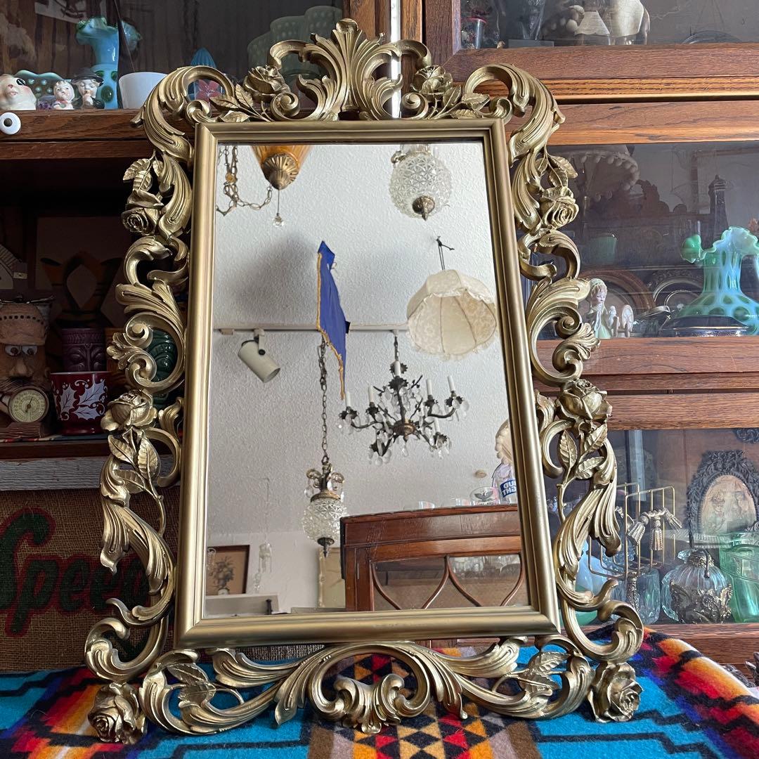 BIG60s～70s 豪華アメリカアンティーク薔薇デザインゴールドカラー鏡ミラー