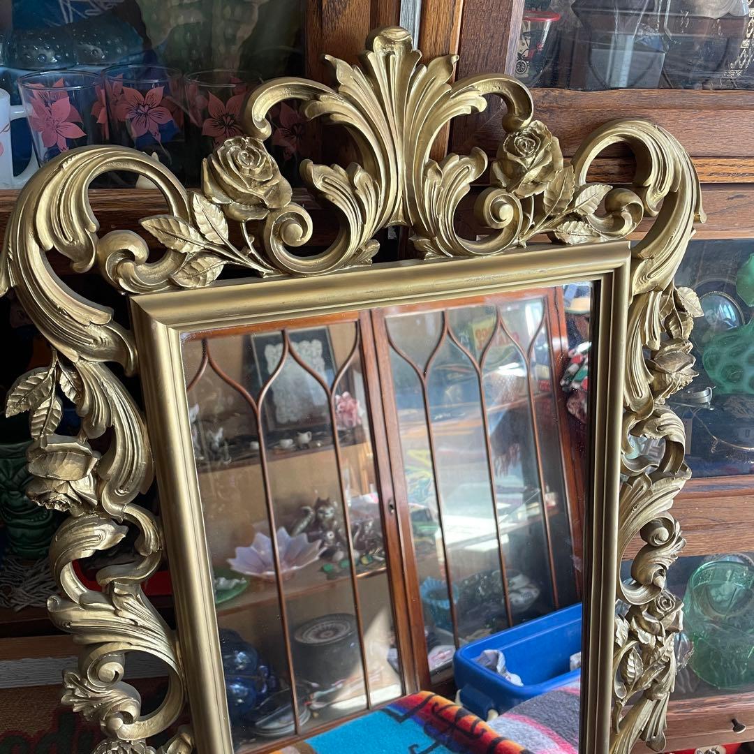 BIG60s～70s 豪華アメリカアンティーク薔薇デザインゴールドカラー鏡ミラー