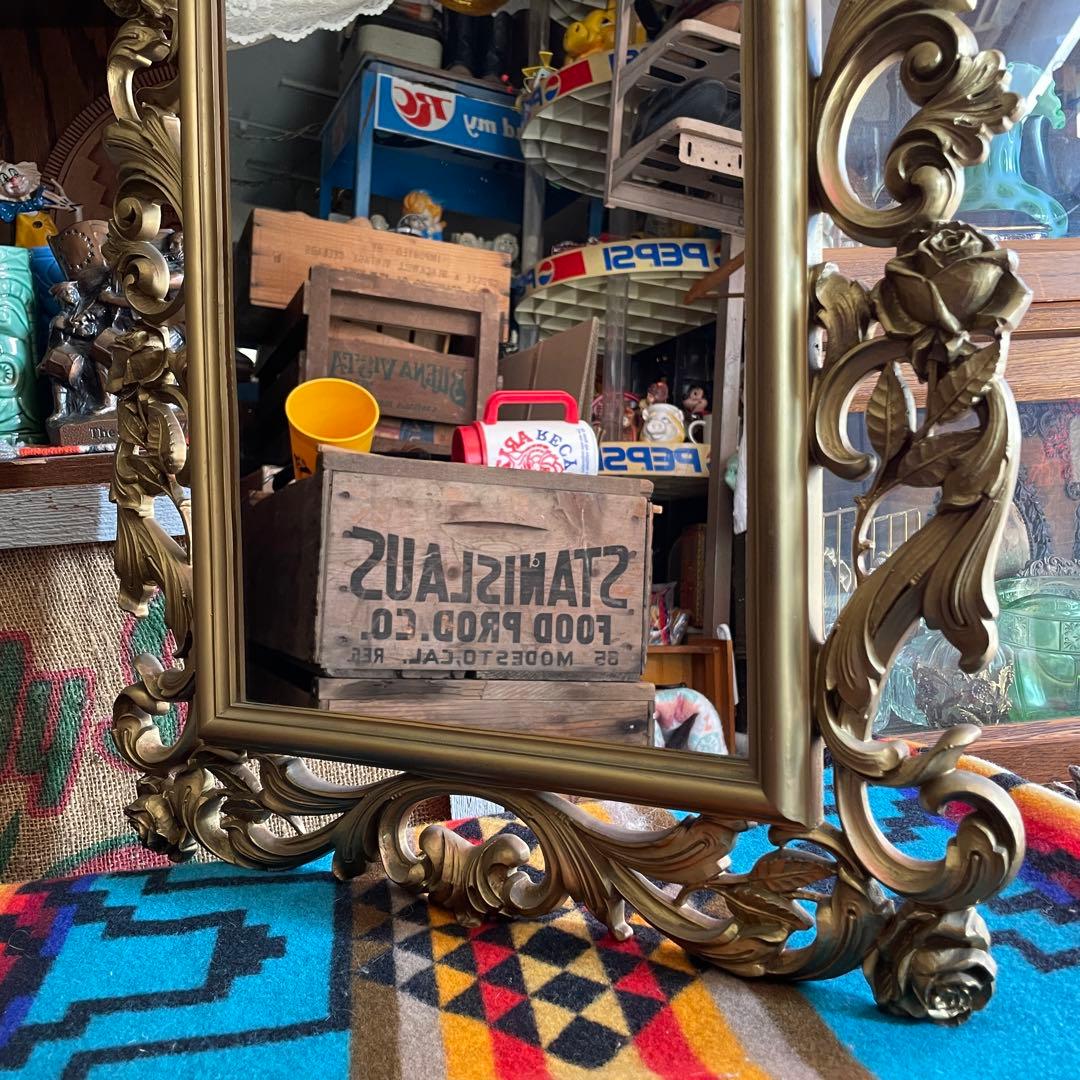 BIG60s～70s 豪華アメリカアンティーク薔薇デザインゴールドカラー鏡ミラー