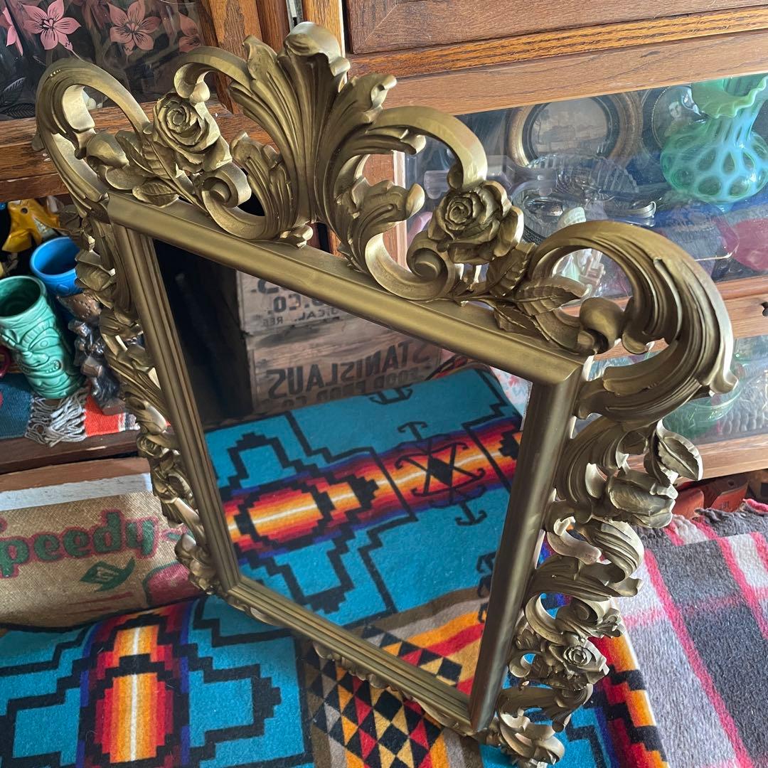 BIG60s～70s 豪華アメリカアンティーク薔薇デザインゴールドカラー鏡ミラー