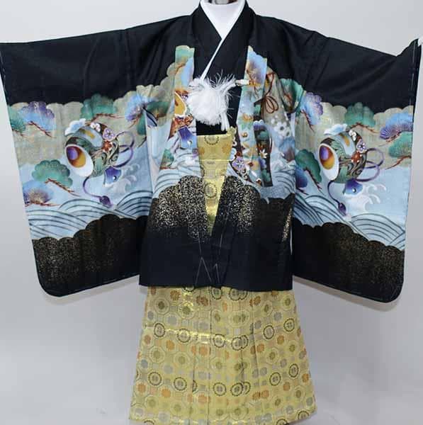 七五三 五歳 男児 羽織袴フルセット 着物 L寸 兜 小槌 黒地 袴変更可能