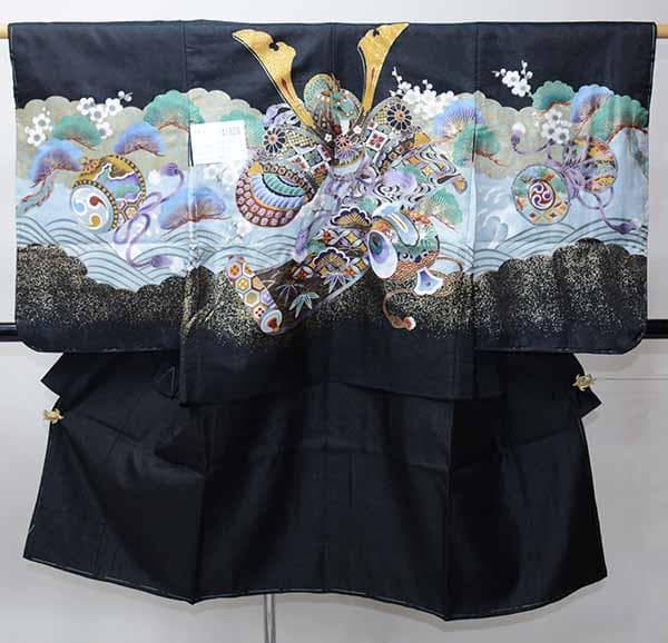 七五三 五歳 男児 羽織袴フルセット 着物 L寸 兜 小槌 黒地 袴変更可能