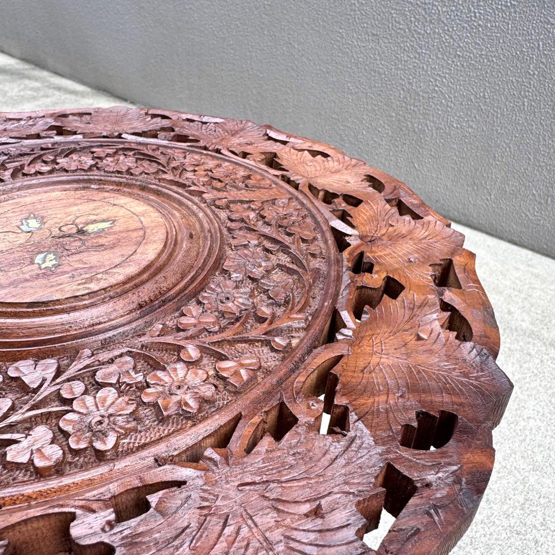 アンティーク 木製テーブル シーシャムウッド サイドテーブル ラウンド 彫刻