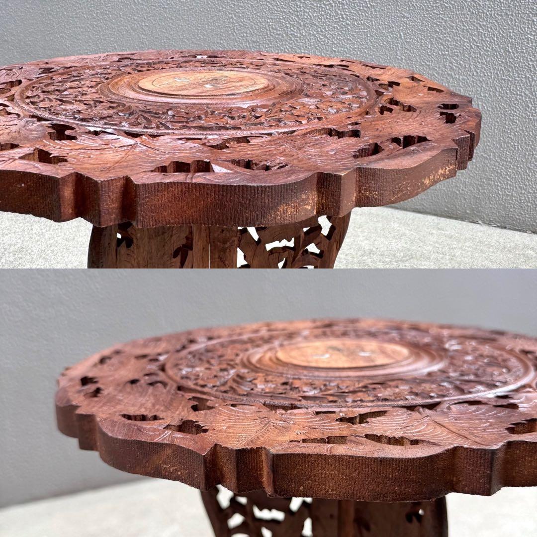 アンティーク 木製テーブル シーシャムウッド サイドテーブル ラウンド 彫刻