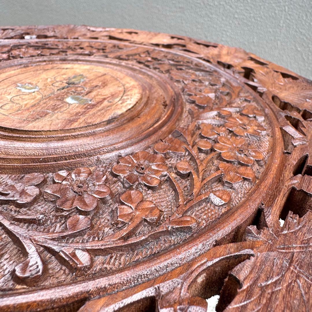 アンティーク 木製テーブル シーシャムウッド サイドテーブル ラウンド 彫刻