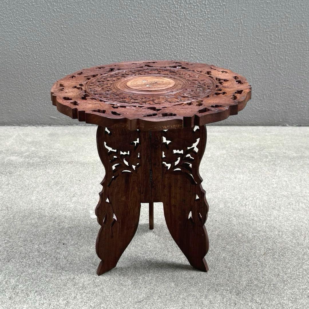 アンティーク 木製テーブル シーシャムウッド サイドテーブル ラウンド 彫刻