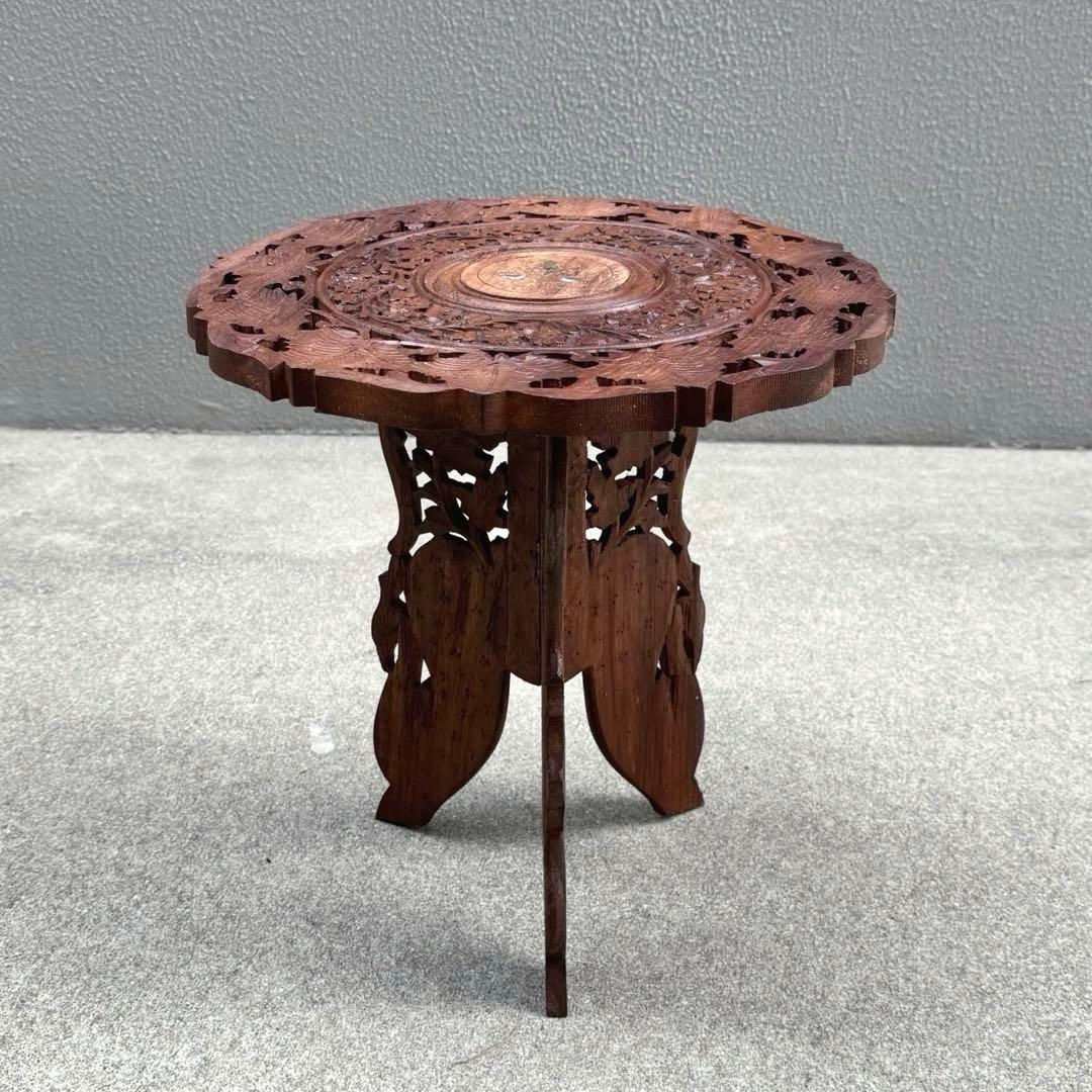 アンティーク 木製テーブル シーシャムウッド サイドテーブル ラウンド 彫刻