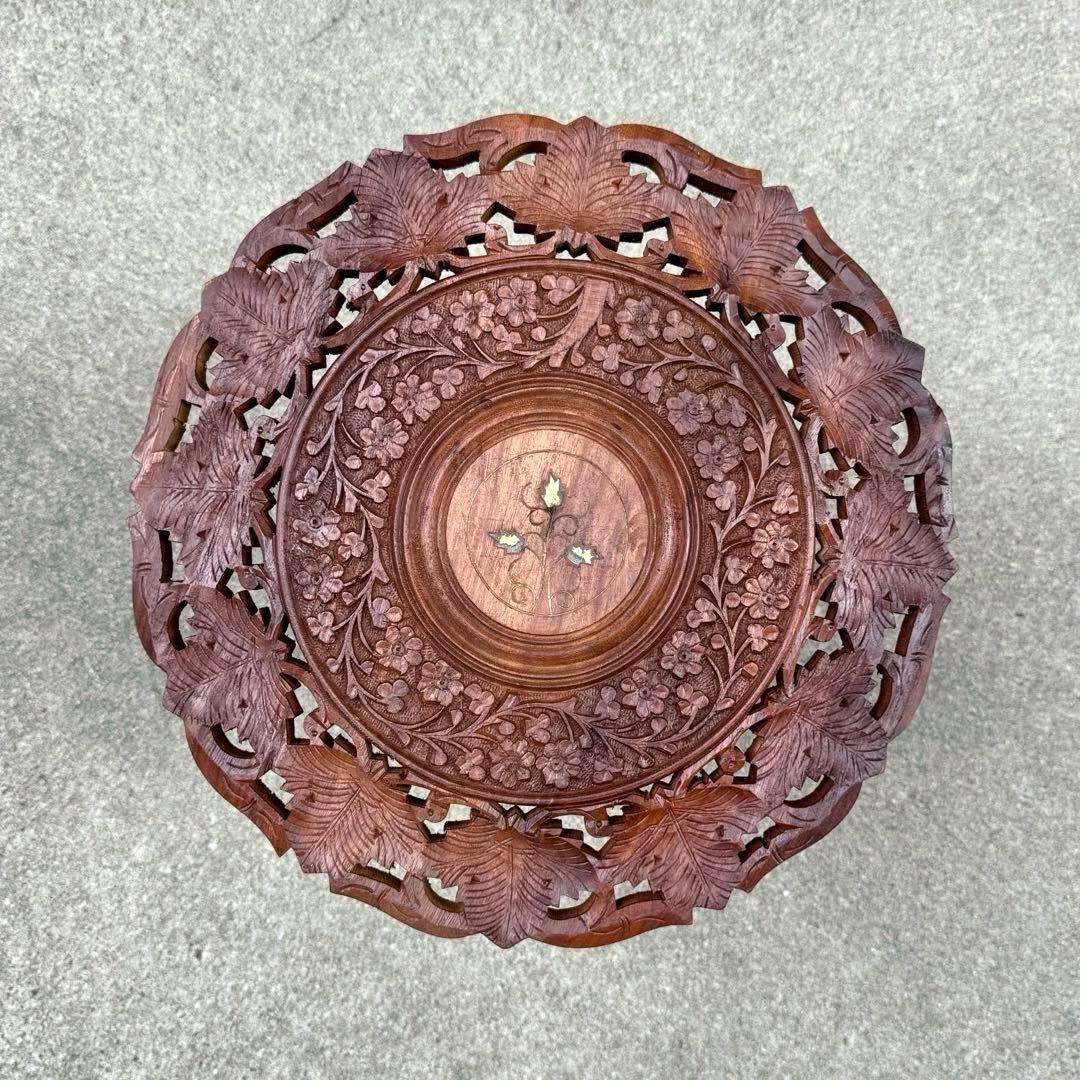 アンティーク 木製テーブル シーシャムウッド サイドテーブル ラウンド 彫刻